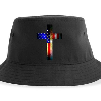 A christian cross comprised of the American Flag Sustainable Bucket Hat