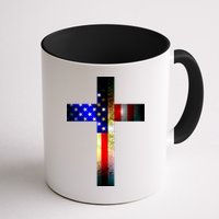 A christian cross comprised of the American Flag Mug