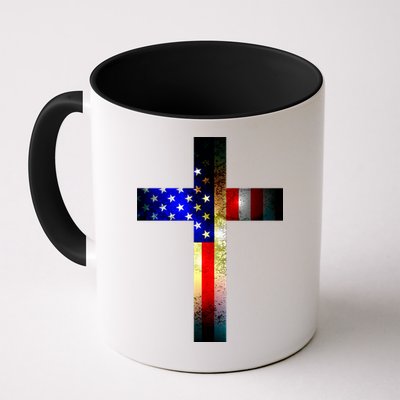 A christian cross comprised of the American Flag Mug