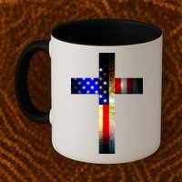 A christian cross comprised of the American Flag Mug