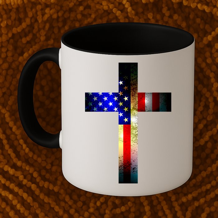 A christian cross comprised of the American Flag Mug