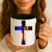 A christian cross comprised of the American Flag Mug