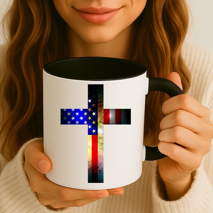 A christian cross comprised of the American Flag Mug