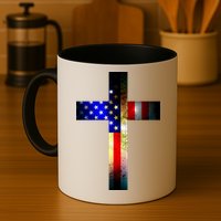 A christian cross comprised of the American Flag Mug