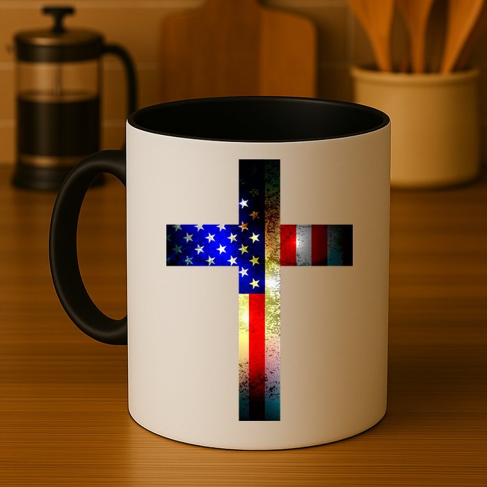 A christian cross comprised of the American Flag Mug