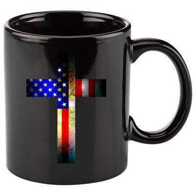 A christian cross comprised of the American Flag 11oz C Handle Ceramic Mug