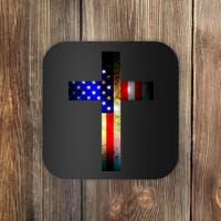 A christian cross comprised of the American Flag Coaster