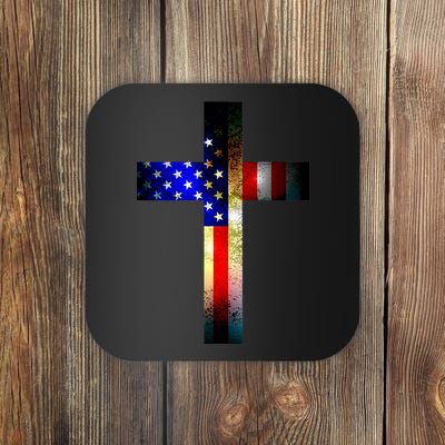 A christian cross comprised of the American Flag Coaster