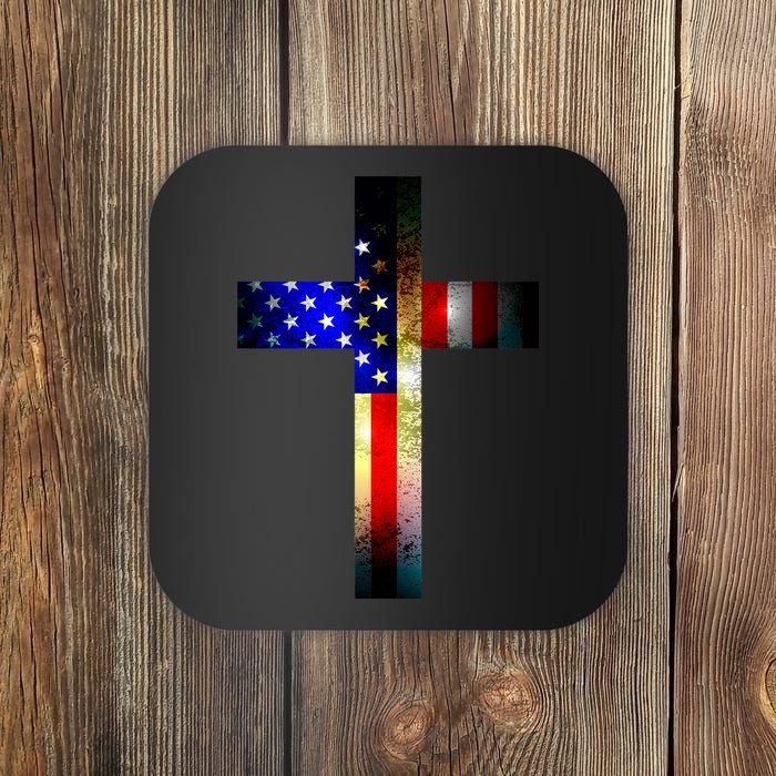 A christian cross comprised of the American Flag Coaster