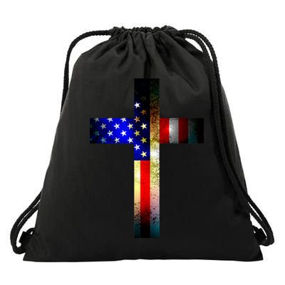 A christian cross comprised of the American Flag Drawstring Bag