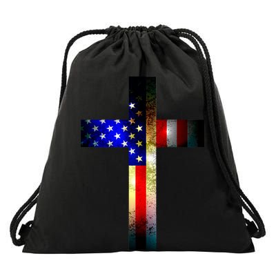 A christian cross comprised of the American Flag Drawstring Bag