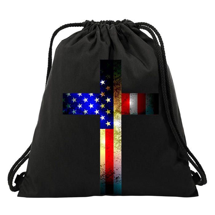 A christian cross comprised of the American Flag Drawstring Bag