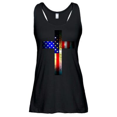A christian cross comprised of the American Flag Ladies Essential Flowy Tank