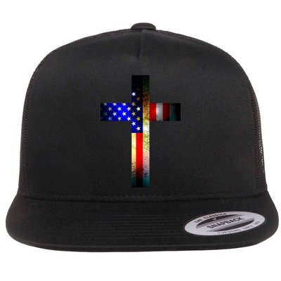 A christian cross comprised of the American Flag Flatbill Hat