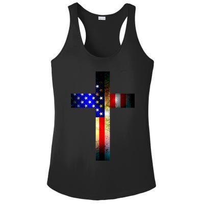 A christian cross comprised of the American Flag Ladies PosiCharge Competitor Racerback Tank