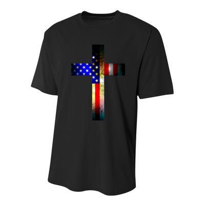 A christian cross comprised of the American Flag Youth Performance Sprint T-Shirt