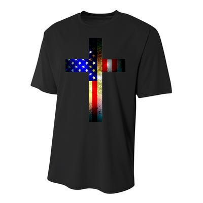 A christian cross comprised of the American Flag Youth Performance Sprint T-Shirt