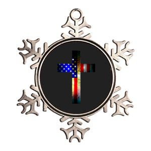 A christian cross comprised of the American Flag Metallic Star Ornament