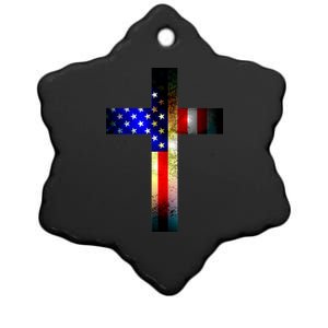 A christian cross comprised of the American Flag Ceramic Star Ornament