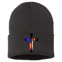 A christian cross comprised of the American Flag Sustainable Knit Beanie