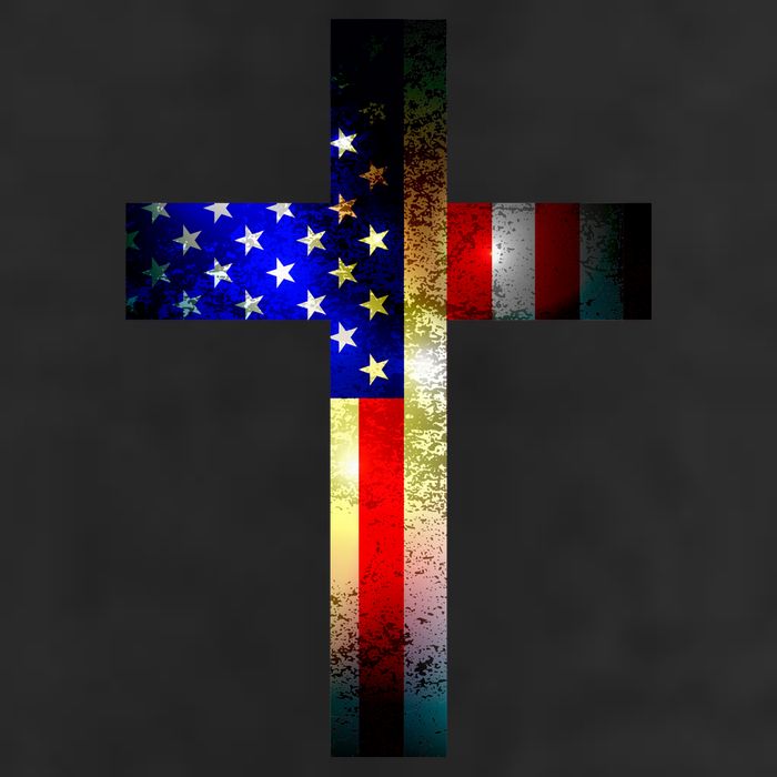 A christian cross comprised of the American Flag 25L Jumbo Tote