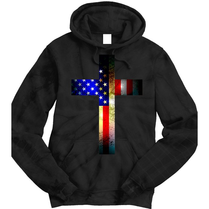 A christian cross comprised of the American Flag Tie Dye Hoodie