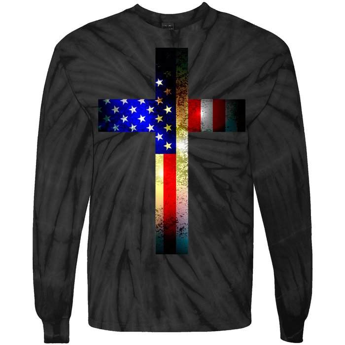 A christian cross comprised of the American Flag Tie-Dye Long Sleeve Shirt