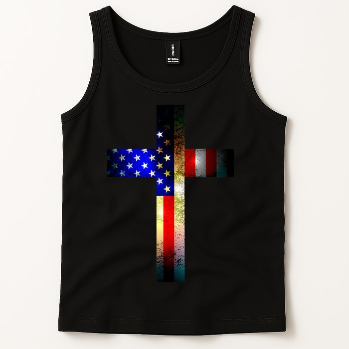 A christian cross comprised of the American Flag Tank Top