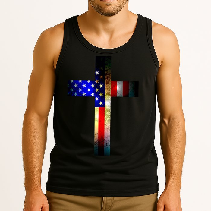 A christian cross comprised of the American Flag Tank Top