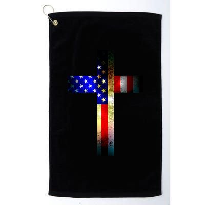 A christian cross comprised of the American Flag Platinum Collection Golf Towel