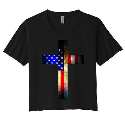 A christian cross comprised of the American Flag Crop Top