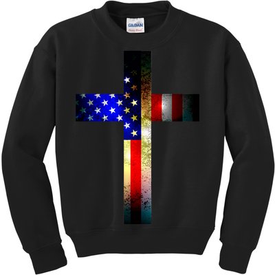 A christian cross comprised of the American Flag Kids Sweatshirt