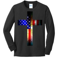 A christian cross comprised of the American Flag Kids Long Sleeve Shirt