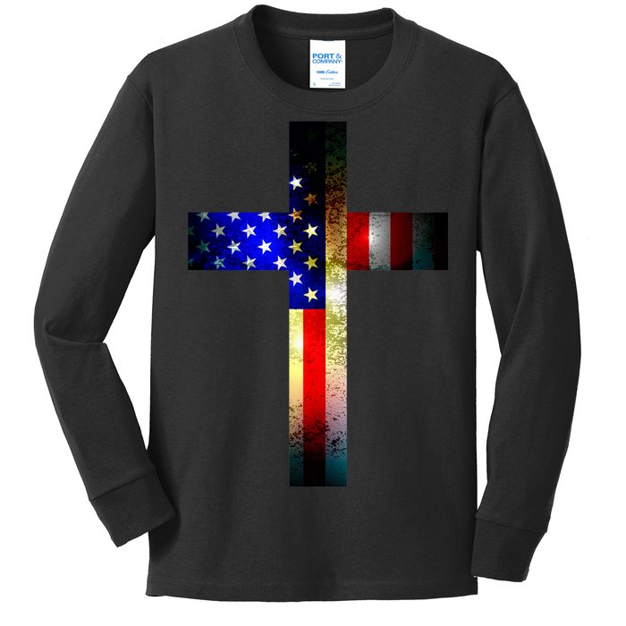 A christian cross comprised of the American Flag Kids Long Sleeve Shirt