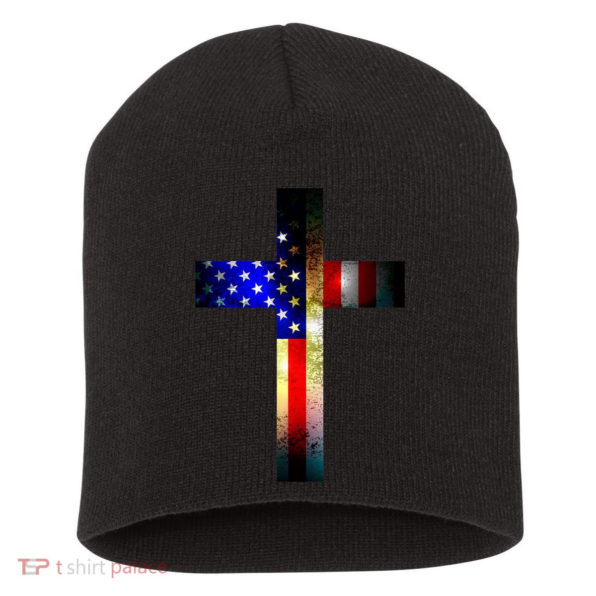 A christian cross comprised of the American Flag Short Acrylic Beanie