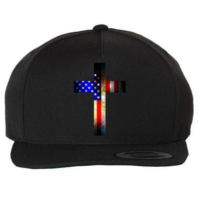 A christian cross comprised of the American Flag Wool Snapback Cap