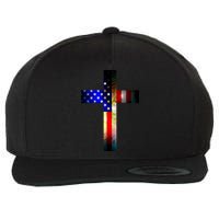 A christian cross comprised of the American Flag Wool Snapback Cap