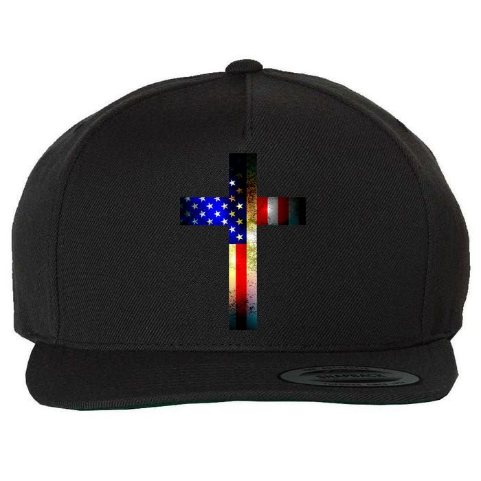 A christian cross comprised of the American Flag Wool Snapback Cap