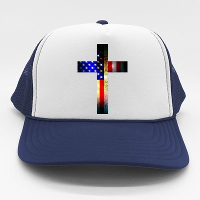 A christian cross comprised of the American Flag Trucker Hat