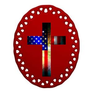 A christian cross comprised of the American Flag Ceramic Oval Ornament