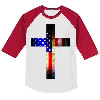 A christian cross comprised of the American Flag Kids Colorblock Raglan Jersey