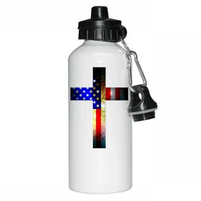 A christian cross comprised of the American Flag Aluminum Water Bottle