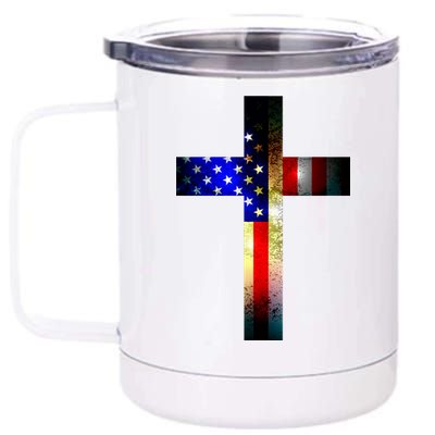 A christian cross comprised of the American Flag 12 oz Stainless Steel Tumbler Cup