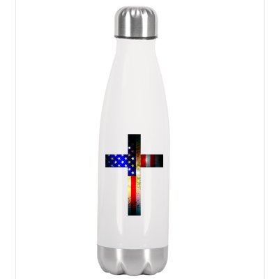 A christian cross comprised of the American Flag Stainless Steel Insulated Water Bottle