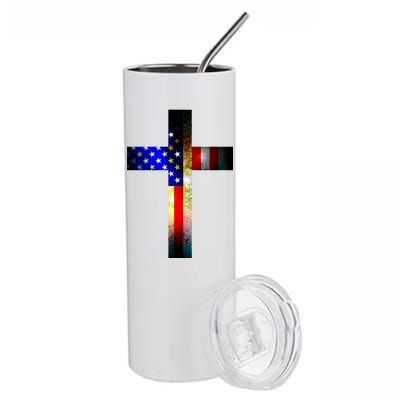 A christian cross comprised of the American Flag Stainless Steel Tumbler