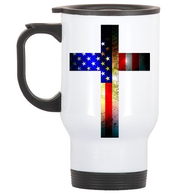 A christian cross comprised of the American Flag Stainless Steel Travel Mug