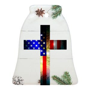 A christian cross comprised of the American Flag Ceramic Bell Ornament