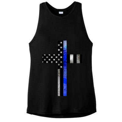 A Christian cross showing support for law enforcement - Thin Blue Line Ladies PosiCharge Tri-Blend Wicking Tank