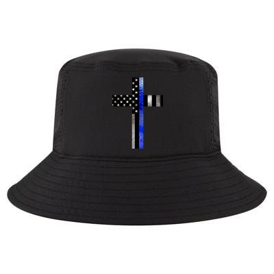 A Christian cross showing support for law enforcement - Thin Blue Line Cool Comfort Performance Bucket Hat