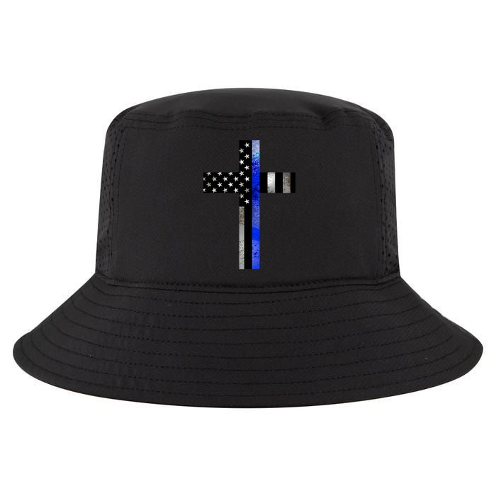 A Christian cross showing support for law enforcement - Thin Blue Line Cool Comfort Performance Bucket Hat